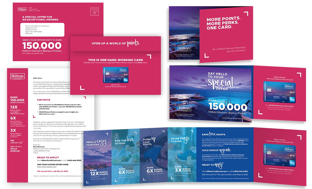 A bright magenta, white and blue folding direct mail brochure with envelope and included letter describing the co-brand offer.