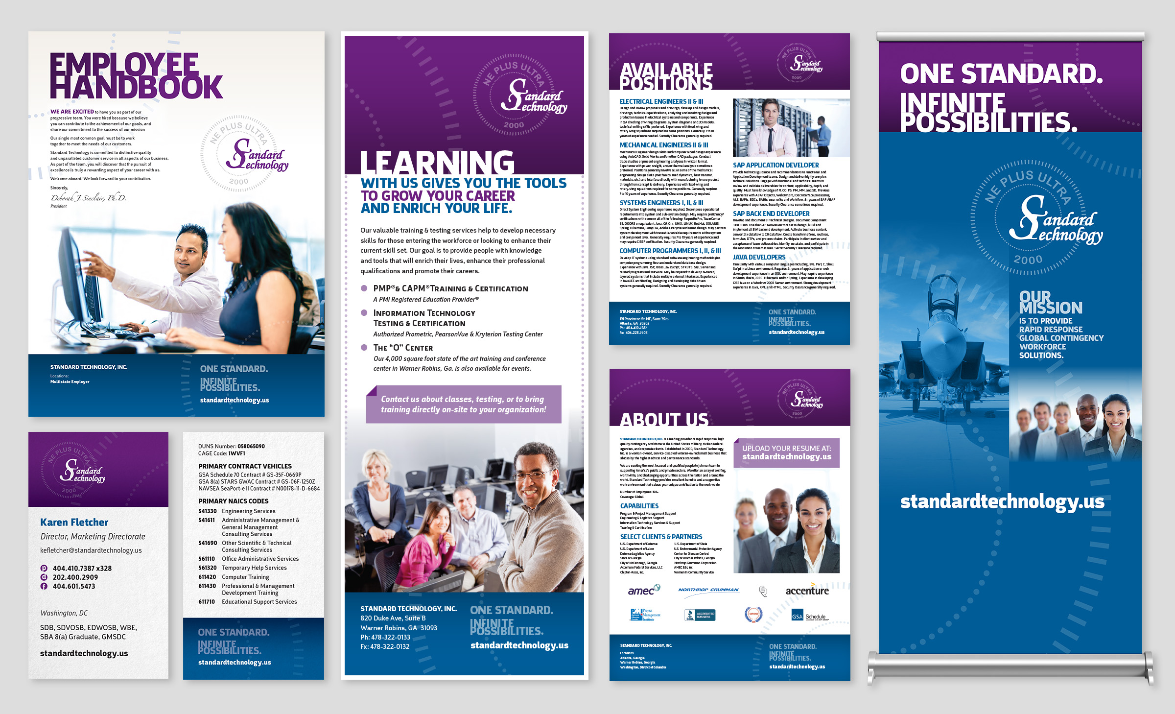 An image showing various Standard Technoogy branded items - displays, business cards, handbooks, ads and fliers.