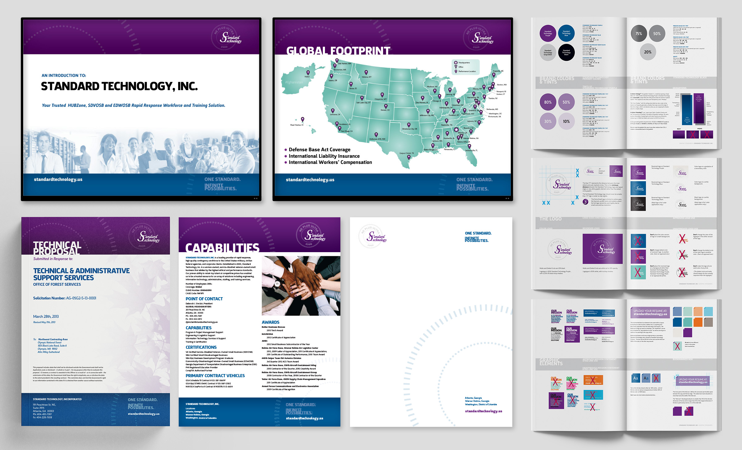 An image showing various Standard Technoogy branded items - power point slides, proposal cover, letterhead and sample brandguide pages.