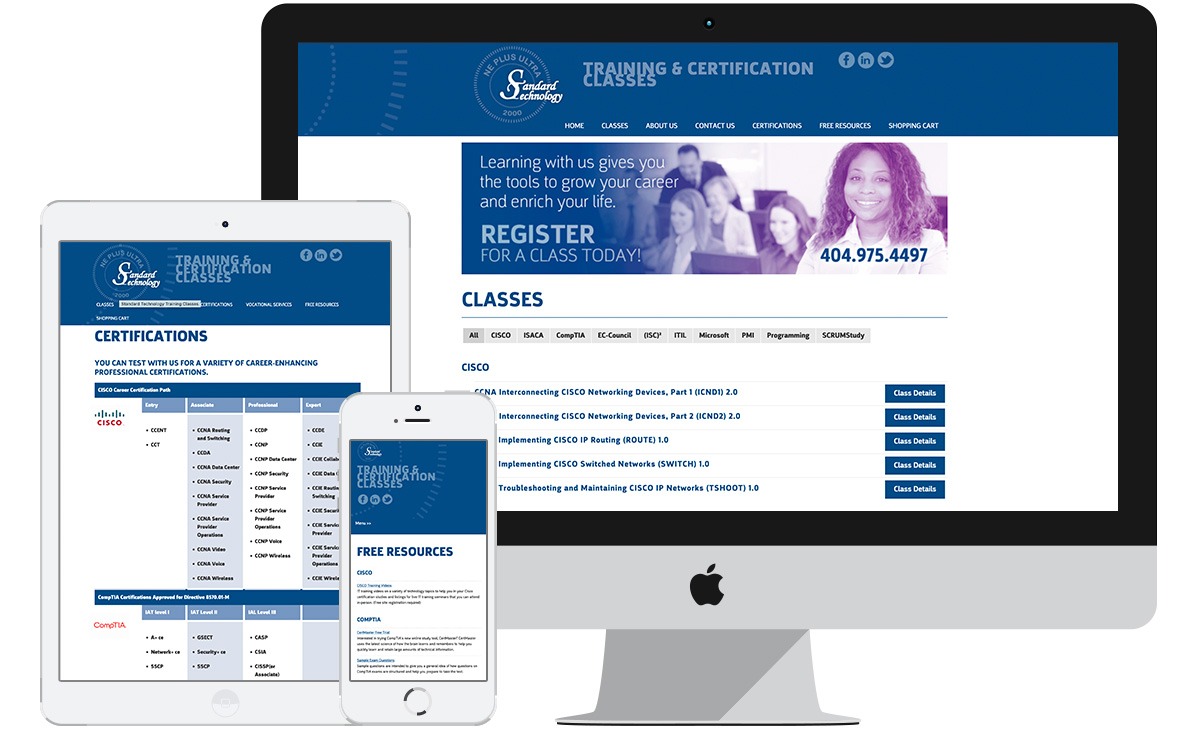 Webpage layouts for Standard Technology Training Classes shown on dekstop, pad, and smartphone.