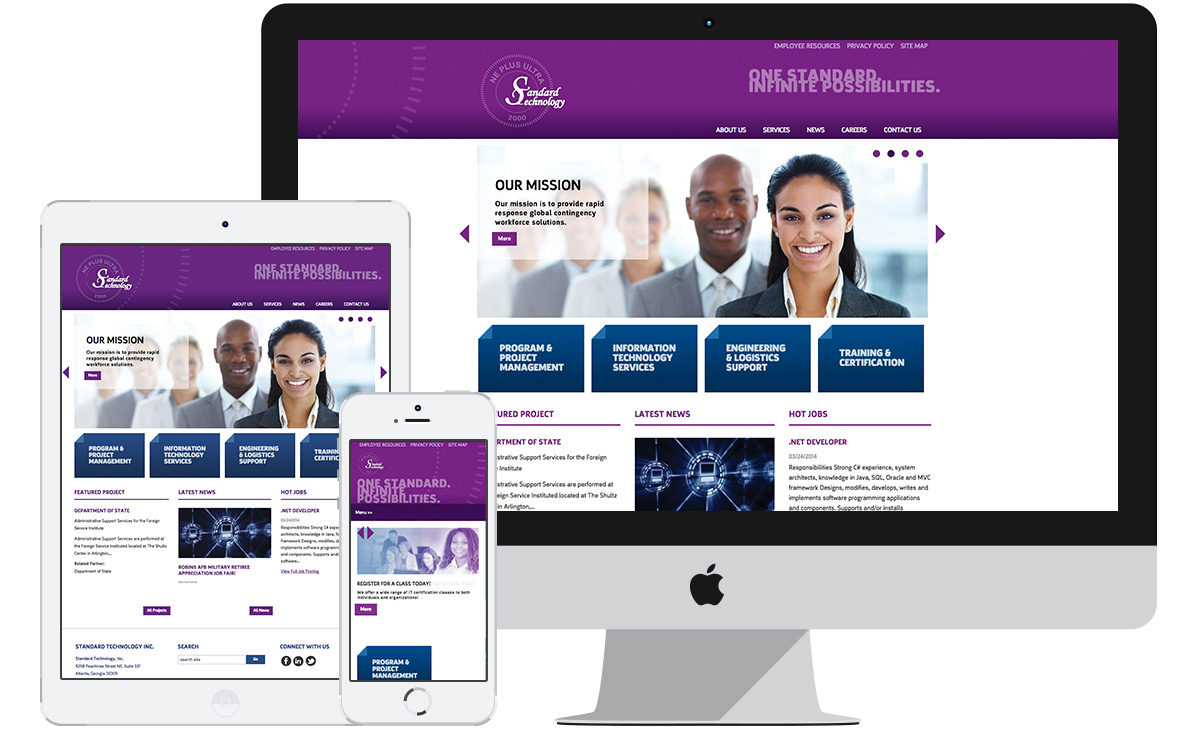 Webpage layouts for Standard Technology's website shown on dekstop, pad, and smartphone.